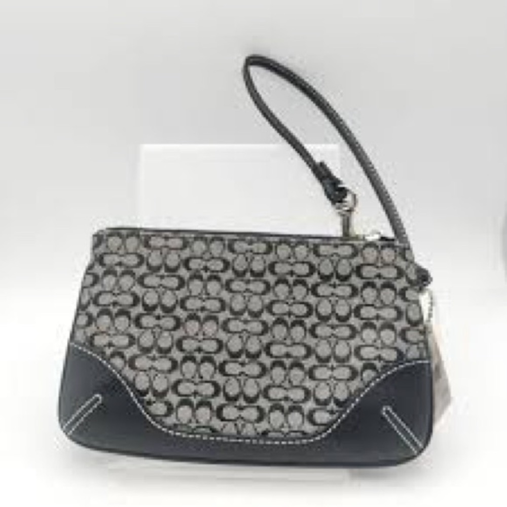 Coach Gray Signature Canvas Wristlet with Black Leather Trim